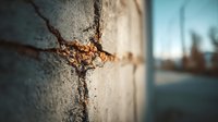 Rusty metal chain hanging on weathered concrete wall with urban background blur showcasing industrial decay and abandonment themes.