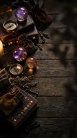 Mystical fortune telling setup with glowing crystal balls, ancient compass, tarot cards and magical accessories on rustic wooden background for divination themes.
