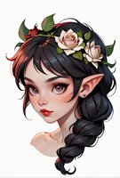 Fantasy portrait of young elf woman with pointed ears, black braided hair adorned with pink roses, red eyes and lips on white background, isolated artwork.