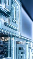Futuristic circuit board patterns with glowing blue LED lights and electronic pathways in modern tech environment for digital innovation concepts.