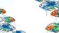 Colorful watercolor fish swimming around white center space creating decorative border frame for text or design elements on clean background.