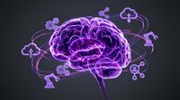 Purple glowing brain with floating icons representing cognitive functions, memory, and mental processes on dark background for neuroscience concepts.