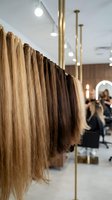 Hair extension samples hanging on display rack in professional salon showing various blonde and brown color options for beauty treatments.