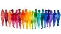 Diverse group of people silhouettes arranged in rainbow colors, watercolor style painting showing unity and inclusion. Standing figures create vibrant spectrum effect.