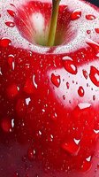 Fresh red apple with water drops on glossy surface, extreme close-up macro photography showing natural texture and stem detail in vibrant color.