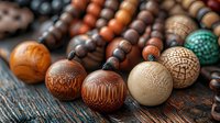 Handcrafted wooden prayer beads and mala necklaces with intricate carved patterns on rustic wooden background. Spiritual meditation and mindfulness accessories.