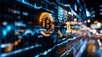Glowing bitcoin symbol with financial charts and market data visualization in blue digital background, representing cryptocurrency trading and blockchain technology.