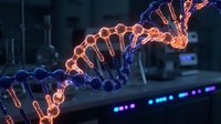 DNA double helix glowing with orange and blue neon light in laboratory setting, representing genetic research, biotechnology, and scientific innovation for medical and educational use.