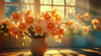 Daffodils in ceramic vase on wooden surface catching golden sunlight through window, creating long shadows and warm atmospheric glow during sunset.