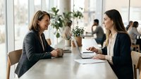 Two professional businesswomen having productive meeting discussion at modern office table with documents and coffee in bright workspace environment.
