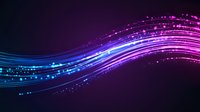 Glowing neon wave lines with sparkles and particles flowing on dark purple background, abstract digital light trails for technology designs.