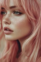 Close-up portrait of young woman with pink hair, green eyes, and natural freckles showing gentle expression and soft makeup, suitable for beauty and fashion content.