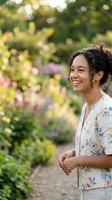 Young woman with dark curly hair and mixed ethnicity smiling in blooming garden surrounded by colorful flowers and lush green foliage, perfect for lifestyle and wellness content.
