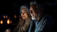 Senior couple enjoying evening entertainment on digital tablet device, illuminated by warm candlelight in cozy home setting, expressing joy and connection.