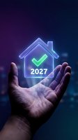 Hand holding glowing neon house icon with checkmark and 2027 text on dark blue background. Represents future home ownership, real estate investment, property approval, and smart housing technology for business and digital concepts.