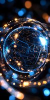 Glowing blue sphere with connected network lines and golden light particles floating in dark space, creating futuristic technology visualization concept.