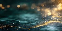 Magical golden glitter wave with sparkling bokeh lights flowing on dark teal background, creating dreamy abstract festive atmosphere for luxury designs.