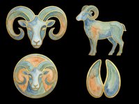 Aries zodiac set with ram head, full body, round medallion, and symbol, watercolor style with gold outline, isolated on transparent background, for stickers, sublimation, t-shirt design.