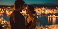 Romantic couple embracing at twilight with city lights bokeh background. Evening date night scene for relationship and love concepts.