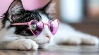 Black and white cat wearing pink heart-shaped sunglasses lying relaxed on wooden surface against pink background, creating whimsical and playful pet portrait.
