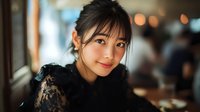 Young Asian woman with bangs smiling warmly in cozy restaurant setting with soft bokeh lights creating intimate dining atmosphere for lifestyle content.