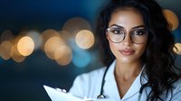 Young female Asian doctor in white coat and glasses smiling confidently against blurred bokeh background. Professional medical portrait with warm lighting.