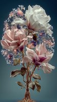 Elegant floral arrangement with white and pink magnolias complemented by delicate blue flowers against a dark teal background.