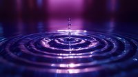 Water droplet creating concentric ripples in purple and blue neon light, abstract liquid splash effect for modern design and technology backgrounds.