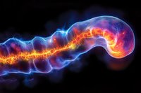 Glowing neuron with electric impulse traveling through axon, colorful energy visualization on black background for science or medical concept.