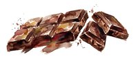 Watercolor painting of stacked chocolate pieces with splatter effects on white background, suitable for bakery, confectionery, and food design projects.