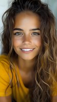 Close up portrait of young mixed race woman with freckles and long wavy hair wearing yellow top, showing genuine smile and natural beauty. For lifestyle and beauty advertising.