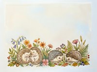 Two hedgehogs surrounded by wildflowers, ferns, and botanical elements in watercolor style. Isolated on white background, ready for design projects, textiles, and decorative applications.