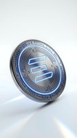Futuristic metallic coin with glowing blue neon symbol, isolated on white background. Digital currency and blockchain technology concept for crypto finance designs.