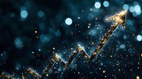 Glowing golden arrow graph trending upward with sparkles and bokeh lights on dark blue background, representing business growth and success.