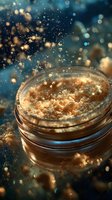 Golden shimmer powder in glass jar with sparkling particles floating against dark blue background, creating luxurious cosmetic atmosphere.
