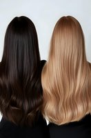 Contrasting view of long straight brunette and blonde hair from behind showing smooth, healthy texture and natural shine against neutral background.