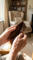 Senior hands holding empty brown leather wallet showing financial hardship and economic struggles in cozy home interior setting.