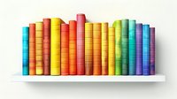 Rainbow colored hardcover books arranged in row on white shelf, spines showing gradient spectrum from blue through orange to pink and back to blue, education concept.