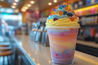 Colorful layered milkshake with whipped cream and gummy bears on cafe counter. Sweet dessert drink for summer menu and food service marketing.