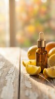 Amber glass dropper bottle with citrus essential oil surrounded by fresh lemon slices on rustic wooden table with warm autumn bokeh background for aromatherapy.