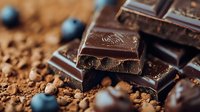 Dark chocolate pieces with fresh blueberries on cocoa powder background, macro food photography showing rich texture and composition for dessert and confectionery.