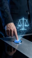 Businessman in dark suit touching glowing scales of justice hologram on desk, representing legal technology, law firm services, and digital compliance solutions.