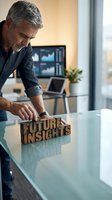 Mature Caucasian businessman arranging wooden letterpress blocks spelling Future Insights on glass desk in modern office with financial charts on monitor.