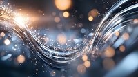 Abstract flowing wave with glowing particles and bokeh lights on dark background. Digital technology concept for presentations and web design.