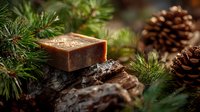 Handmade natural soap bar on rustic wood with pine branches and cones for organic skincare and spa treatments during winter holidays.
