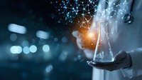 Medical researcher holding glass flask with glowing network visualization, representing scientific breakthrough in laboratory research and innovation.