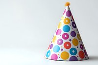 Colorful polka dot party hat with orange pom-pom on white background, featuring vibrant circles in pink, yellow, blue, and orange patterns. Suitable for celebration designs.