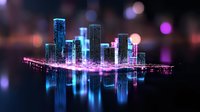 Futuristic cityscape with glowing neon skyscrapers reflecting in water, featuring vibrant blue and pink lights against dark background with bokeh effects.