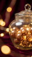 Glass jar filled with golden spheres and spiral decorations against burgundy backdrop with warm bokeh lights, suitable for luxury, celebration, and festive design projects.