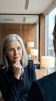 Mature woman with long gray hair wearing dark blazer, hand near chin in thoughtful pose, seated in modern office with warm lighting and contemporary furniture, suitable for corporate, business, and professional contexts.